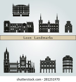 Leon landmarks and monuments isolated on blue background in editable vector file