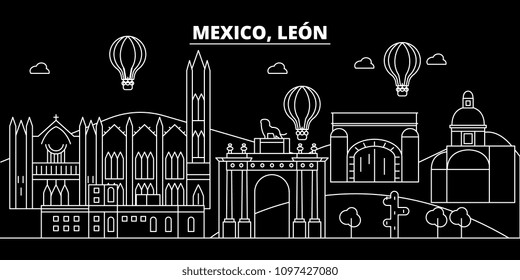 Leon silhouette skyline. Mexico - Leon vector city, mexican linear architecture, buildings. Leon line travel illustration, landmarks. Mexico flat icon, mexican outline design banner