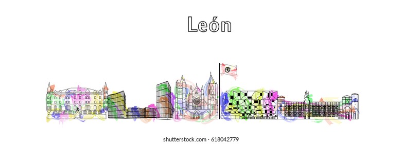 Leon in watercolor,Musac, Botines,San Marcos, the famous buildings of Leon, Spain, vector