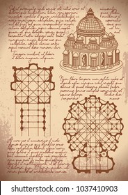 Leonardo Da Vinci Architecture. Leonardo Da Vinci Basilica Sketch. Vintage Paper Background With Drawings. 