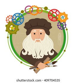 Leonardo Da Vinci Cartoon - Cute cartoon of Leonardo Da Vinci holding brushes, pencil and a ruler. With a green circled frame and colorful gears around him. Eps10