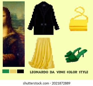 Leonardo da Vinci color style fashion pixel clothes set: an elongated black jacket with two buttons, a long light yellow light skirt, green graceful clogs, a cute little fashionable yellow clutch bag