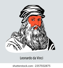 Leonardo da Vinci was an Italian artist and scientist, inventor, writer, musician, one of the greatest representatives of High Renaissance art. Hand-drawn vector illustration.