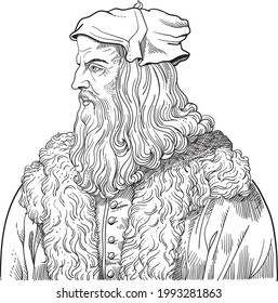 Leonardo Da Vinci line art portrait. Vector.