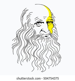 Leonardo da Vinci portrait, thin line of ink. felt-tip pen. linear pattern, a symbol, a genius.vector illustration isolated on white background