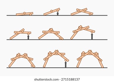 Diagrama de construcción del puente autoportante Leonardo Da Vinci. Diagrama de ingeniería educativa que explica el equilibrio estructural, la distribución de la fuerza y la innovación arquitectónica histórica. Vector. 