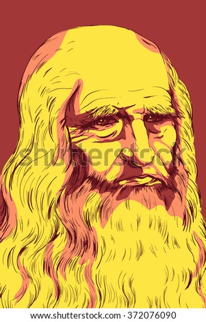 Leonardo da Vinci Self-Portrait, 1512. Colorful vector illustration.