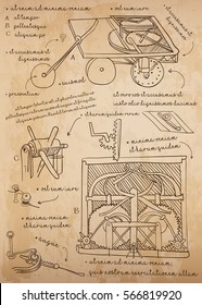 Leonardo Da Vinci Sketch. Design For Self-Propelled Cart. History's First Car. Vector Illustration.