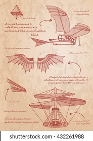 Leonardo da Vinci sketch. Designs for flying machines. Leonardo da Vinci's ornithopter design. An oldest  parachute. Vector illustration.