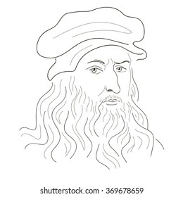 Leonardo Da Vinci. Sketch Illustration. Black And White. Vector.