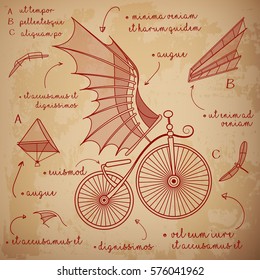 Leonardo da Vinci style sketch. Designs for flying machines. Retro bicycle with da Vinci style wings. Vector illustration.