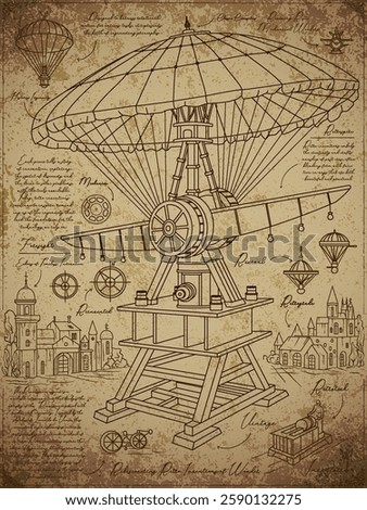 Leonardo da vinci style. Vintage poster with Renaissance flying inventions. Hand drawn blueprint retro poster.