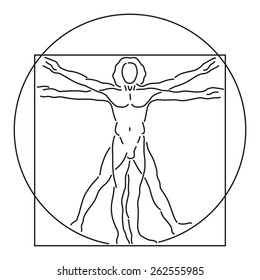 Leonardo Da Vinci Vetruvian Man, Human Anatomy, Vector Line Art, Black On White, Editable
