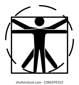 Leonardo Da Vinci Vitruvian Man solid icon, science concept, Human body in circle and square sign on white background, classic proportion man form icon in glyph style. Vector graphics