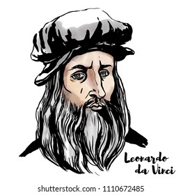 Leonardo Da Vinci Watercolor Vector Portrait With Ink Contours.