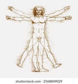 Leonardo da Vinci's Vitruvian Man, vintage vector element. Vintage art drawing illustration, old painting art print. Leonardo da Vinci anatomy illustration, brown line art vector.