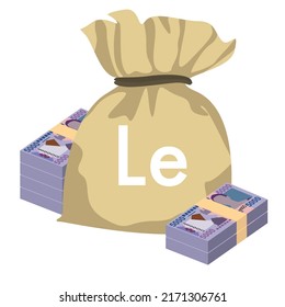 Leone Vector Illustration. Sierra Leone money set bundle banknotes. Money bag 5000 SLL. Flat style. Isolated on white background. Simple minimal design.