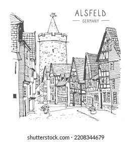 The Leonhard Tower in Alsfeld, Hesse, Germany. Medieval building line art. Freehand drawing. Hand drawn travel postcard of a old street in Alsfeld. Sketch in black color on white background. Vector.