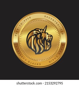 Leonicorn Swap (LEOS) crypto currency token logo on gold coin black themed design. vector illustration for cryptocurrency symbols, icons, banner, poster, financial projects.