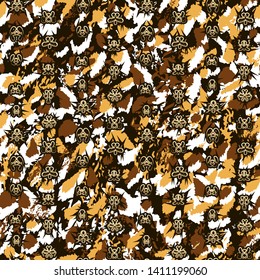 Leopard and African style spotted vector seamless pattern. Abstract white, orange and brown brushstroke, spots and gold mask symbols on black background for design, wallpaper, wrapping, cover, banner.