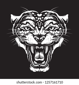 Leopard angry face tattoo. Vector illustration of jaguar head. Cougar print. Cheetah face logo.