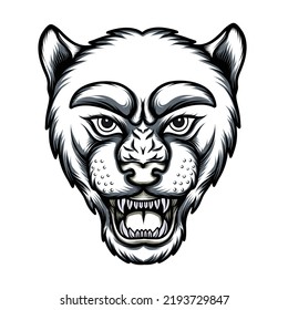 Leopard Angry Face. Vector Illustration Of Jaguar Head. Angry Panther Line Art.