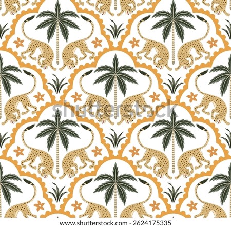 Leopard animal, arch, tropical palm tree, flower seamless pattern. Boho floral wallpaper.