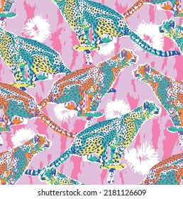 Leopard Animal Art illustration Vector Seamless Pattern On Pink Broken Background Texture