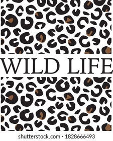 leopard animal fashion print on white background. Pattern with lettering and leopard effect for tshirt and apparel graphics, poster, print, postcard.