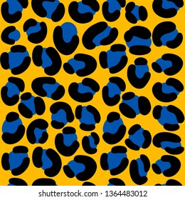 Leopard animal print background. Blue and yellow seamless pattern. Trendy safari ornament for fashion illustration. Vector EPS10