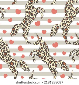 leopard animal print unicorns pop art style girly seamless pattern background, wrapping paper, fabric and textile beige grey vector print with hearts and horizontal stripes