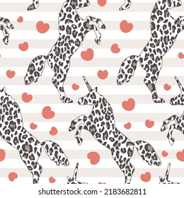 leopard animal print unicorns pop art style girly seamless pattern background, wrapping paper, fabric and textile pastel red beige vector print with hearts and horizontal stripes