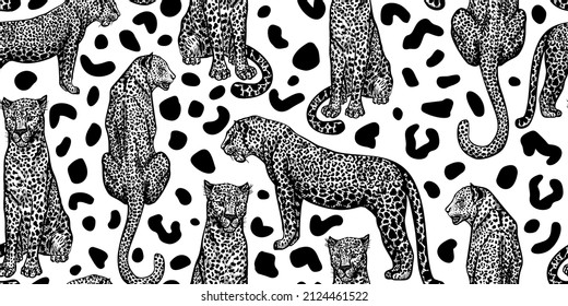 Patrón de leopardo animal sin costuras en el fondo visto. Animales retro de la sabana con estilo de grabado. Textura exótica dibujada a mano para tela, papel pintado, textil, papel impreso, papel envolvente. Ilustración vectorial.