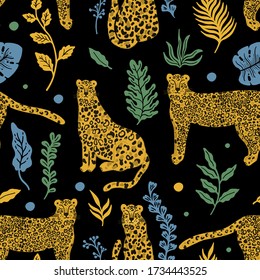 Leopard animal seamless pattern. Tropical plant leaves background.Vector illustration.