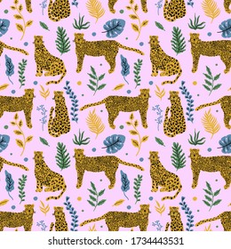 Leopard animal seamless pattern. Tropical plant leaves background.Vector illustration.