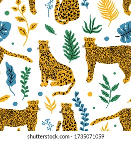 Patrón de leopardo animal sin costuras. La planta tropical deja el fondo.Ilustración vectorial.