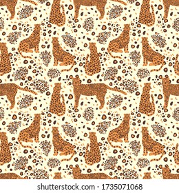 Patrón de leopardo animal sin costuras. La planta tropical deja el fondo.Ilustración vectorial.