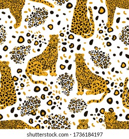 Patrón de leopardo animal sin costuras. La planta tropical deja el fondo.Ilustración vectorial.