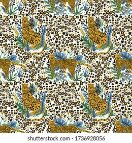 Leopard animal seamless pattern. Tropical plant leaves background.Vector illustration.