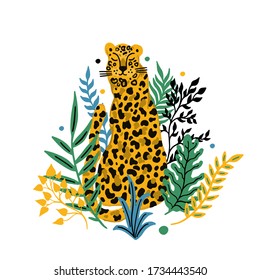 Leopard animal single object . Tropical plant leaves background.Vector illustration.