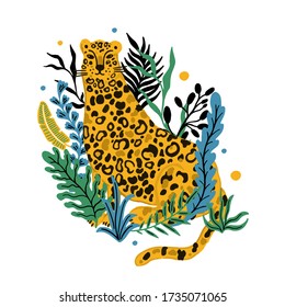 Leopard animal single object . Tropical plant leaves background.Vector illustration.