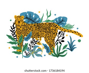 Leopard animal single object . Tropical plant leaves background.Vector illustration.