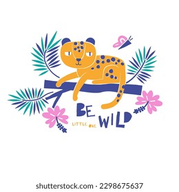 Leopard animal sitting on branch paper shape cutouts style vector illustration. Scandinavian childish wild tropical safari summer pre-made print design.
