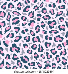 Leopard animal skin pattern seamless. Trendy bright leo fur texture. Cheetah vector design for print. Hand drawn repeat blue and violet modern vector illustration. Textile, fabric, wallpaper art