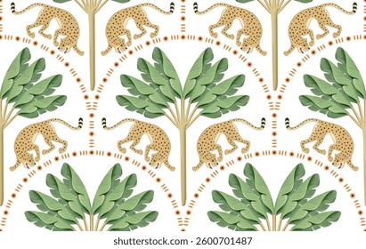 Leopard animal, tropical banana tree, arch seamless pattern. Jungle wallpaper.