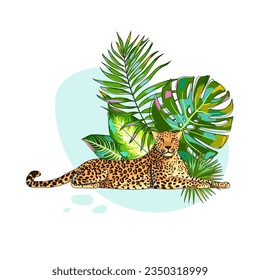 Leopardentier mit tropischen Blättern. Ein Gepard, Jaguar oder Leopard liegt unten. Monstera Blätter, Palmenblätter. Exotisches Tier im Dschungel. Cartoon-Stil. Vektorgrafik.