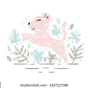 Leopard baby girl cute print. Sweet zoo. Cool african animal illustration for nursery, playroom, t-shirt, kids apparel, baby party invitation, birsday card, newborn pajamas Summer flower landscape