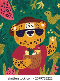 Ilustración de leopardo en la jungla. Tarjeta Leo en el paraíso tropical. Impresión veraniega con un lindo personaje animal al estilo de las caricaturas. Vector 