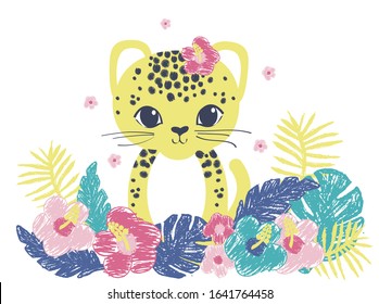 Leopard baby in jungle flowers vector illustration for girls.