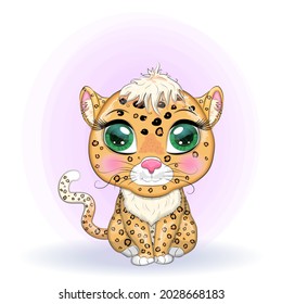 Leopard with beautiful eyes in cartoon style, colorful illustration for children. Leopard cat with characteristic spots and color